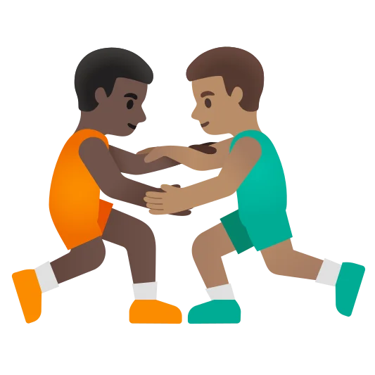 The men wrestling: dark skin tone, medium skin tone emoji.