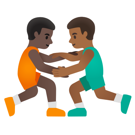 The men wrestling: dark skin tone, medium-dark skin tone emoji.