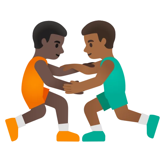 The men wrestling: dark skin tone, medium-dark skin tone emoji.