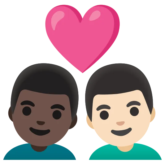 The couple with heart: man, man: dark skin tone, light skin tone emoji.