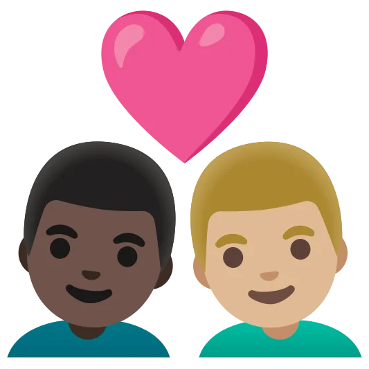 The couple with heart: man, man: dark skin tone, medium-light skin tone emoji.