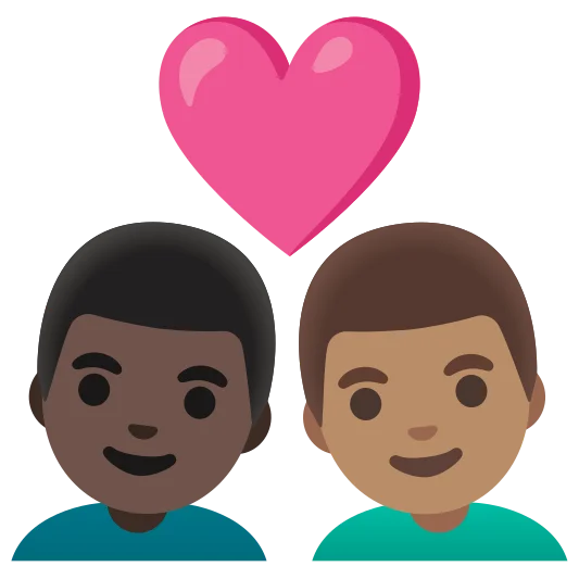 The couple with heart: man, man: dark skin tone, medium skin tone emoji.