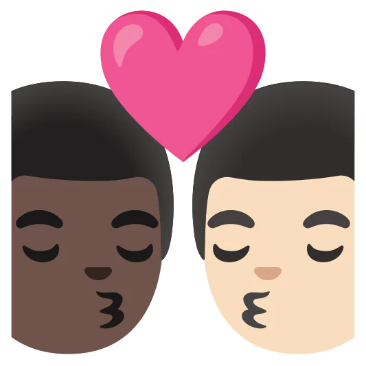 The kiss: man, man: dark skin tone, light skin tone emoji.