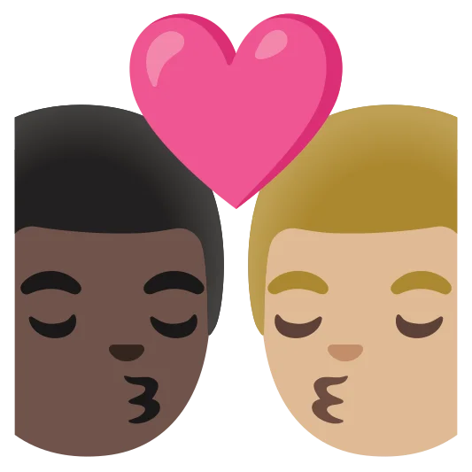 The kiss: man, man: dark skin tone, medium-light skin tone emoji.