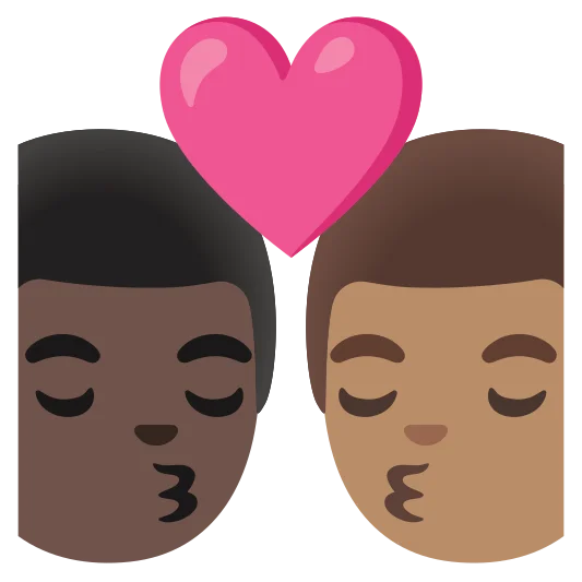 The kiss: man, man: dark skin tone, medium skin tone emoji.