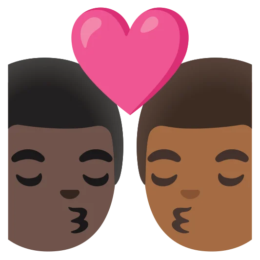 The kiss: man, man: dark skin tone, medium-dark skin tone emoji.