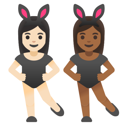 The women with bunny ears: light skin tone, medium-dark skin tone emoji.