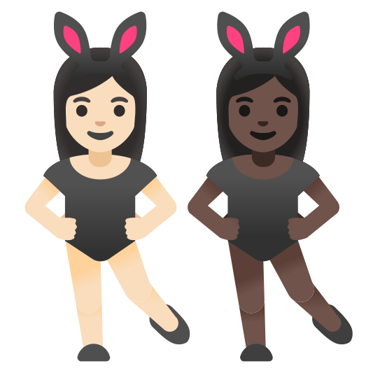 The women with bunny ears: light skin tone, dark skin tone emoji.