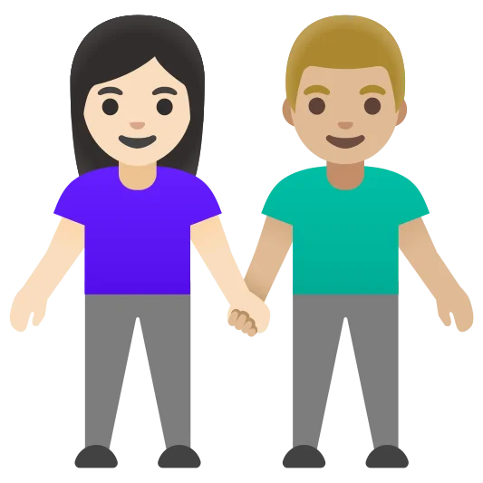 The woman and man holding hands: light skin tone, medium-light skin tone emoji.