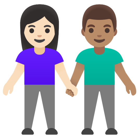 The woman and man holding hands: light skin tone, medium skin tone emoji.