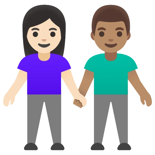 The woman and man holding hands: light skin tone, medium skin tone emoji.