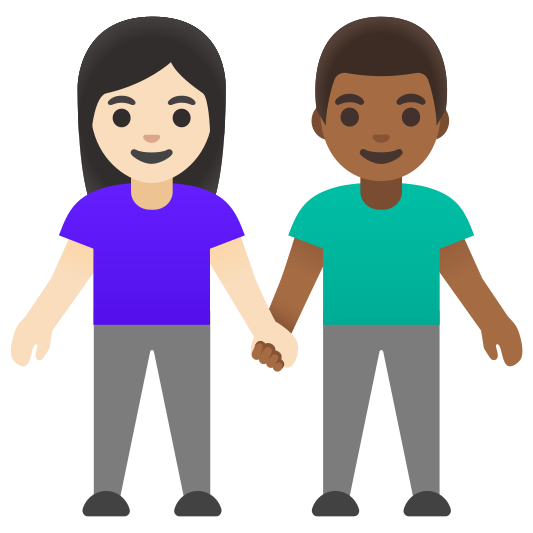 The woman and man holding hands: light skin tone, medium-dark skin tone emoji.