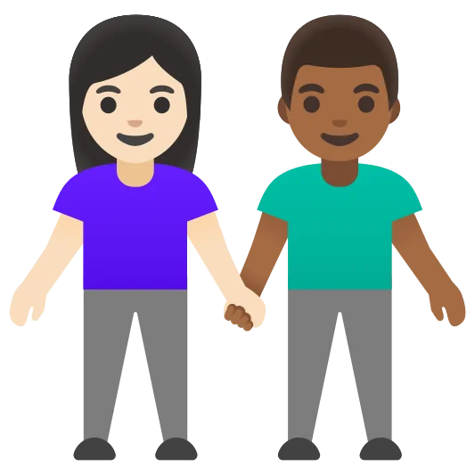 The woman and man holding hands: light skin tone, medium-dark skin tone emoji.