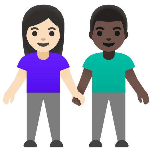 The woman and man holding hands: light skin tone, dark skin tone emoji.