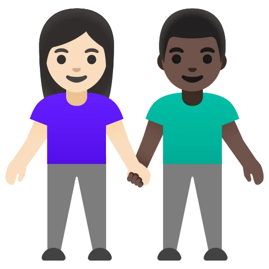 The woman and man holding hands: light skin tone, dark skin tone emoji.