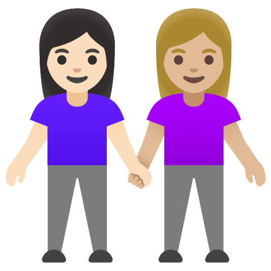 The women holding hands: light skin tone, medium-light skin tone emoji.