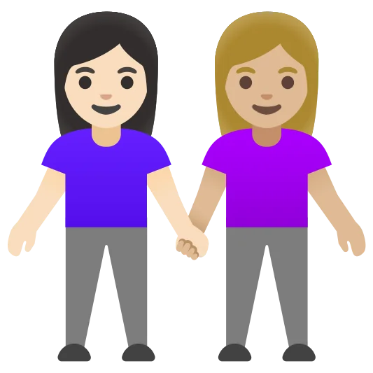 The women holding hands: light skin tone, medium-light skin tone emoji.