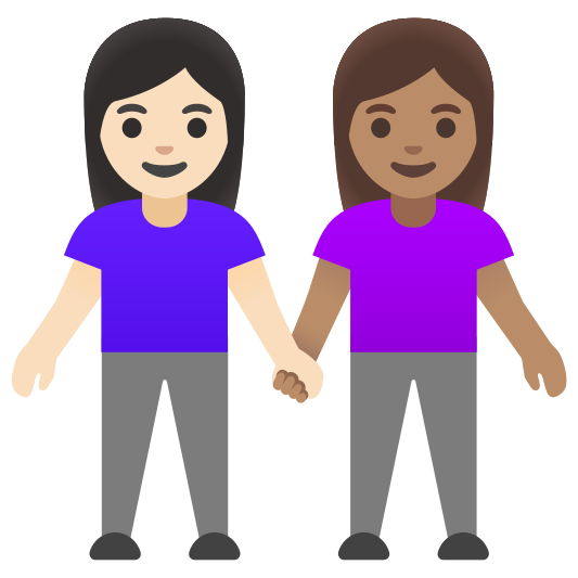 The women holding hands: light skin tone, medium skin tone emoji.