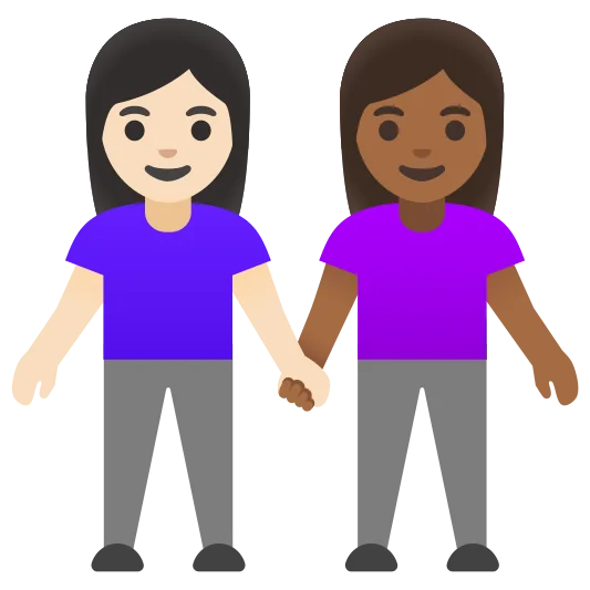The women holding hands: light skin tone, medium-dark skin tone emoji.