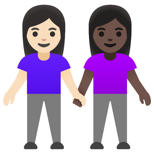 The women holding hands: light skin tone, dark skin tone emoji.
