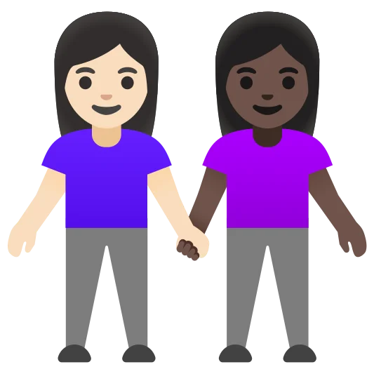 The women holding hands: light skin tone, dark skin tone emoji.