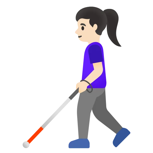 The woman with white cane: light skin tone emoji.