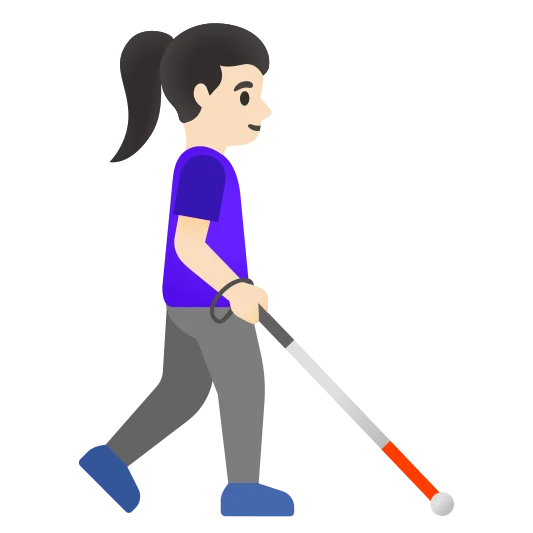 The woman with white cane facing right: light skin tone emoji.