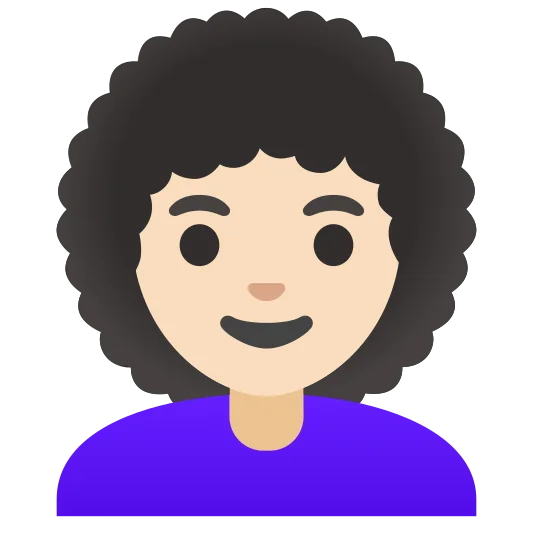 The woman: curly hair: light skin tone emoji.