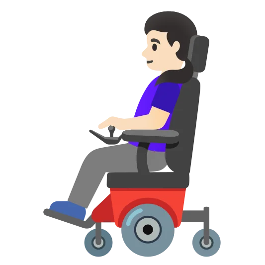 The woman in motorized wheelchair: light skin tone emoji.