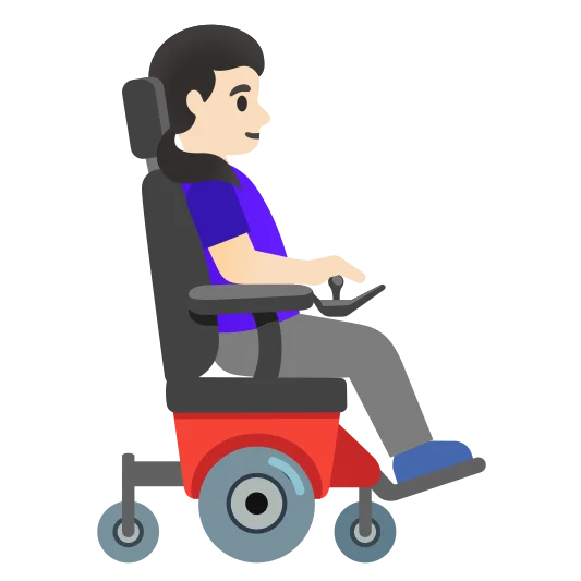 The woman in motorized wheelchair facing right: light skin tone emoji.