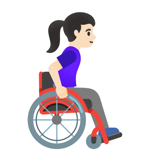 The woman in manual wheelchair facing right: light skin tone emoji.