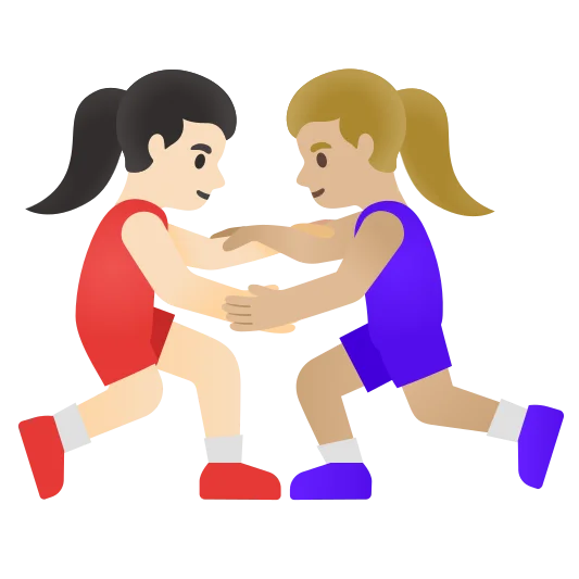 The women wrestling: light skin tone, medium-light skin tone emoji.