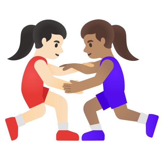 The women wrestling: light skin tone, medium skin tone emoji.