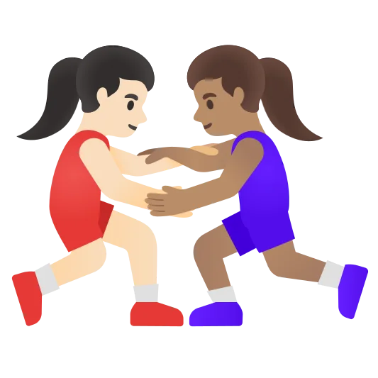 The women wrestling: light skin tone, medium skin tone emoji.