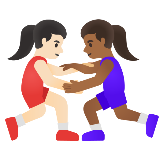 The women wrestling: light skin tone, medium-dark skin tone emoji.