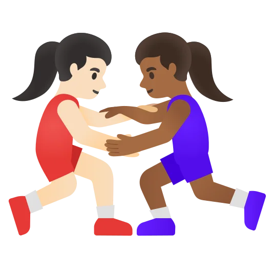 The women wrestling: light skin tone, medium-dark skin tone emoji.