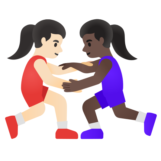 The women wrestling: light skin tone, dark skin tone emoji.