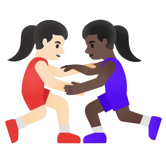 The women wrestling: light skin tone, dark skin tone emoji.