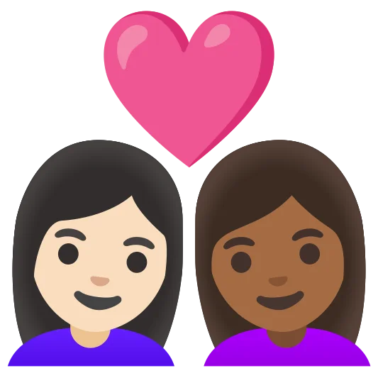 The couple with heart: woman, woman: light skin tone, medium-dark skin tone emoji.
