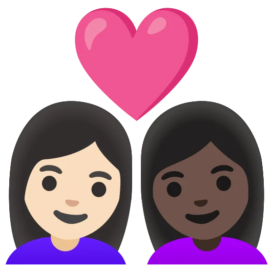 The couple with heart: woman, woman: light skin tone, dark skin tone emoji.