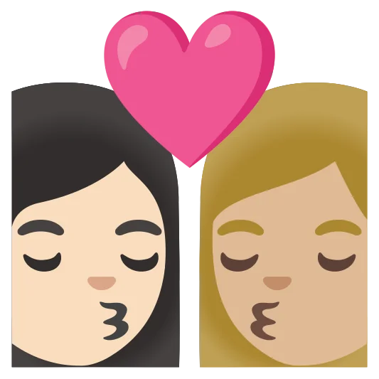 The kiss: woman, woman: light skin tone, medium-light skin tone emoji.