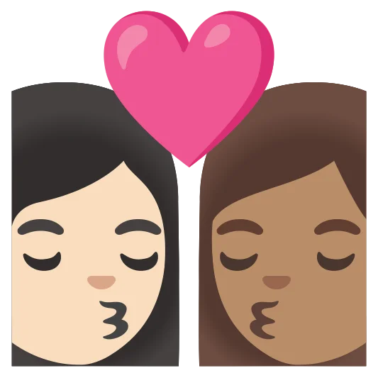 The kiss: woman, woman: light skin tone, medium skin tone emoji.