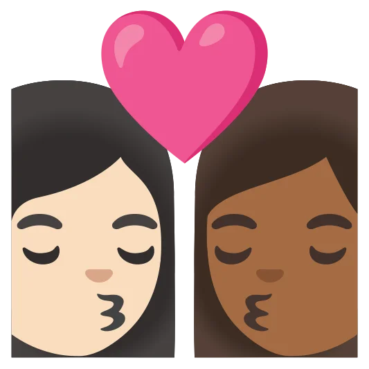The kiss: woman, woman: light skin tone, medium-dark skin tone emoji.