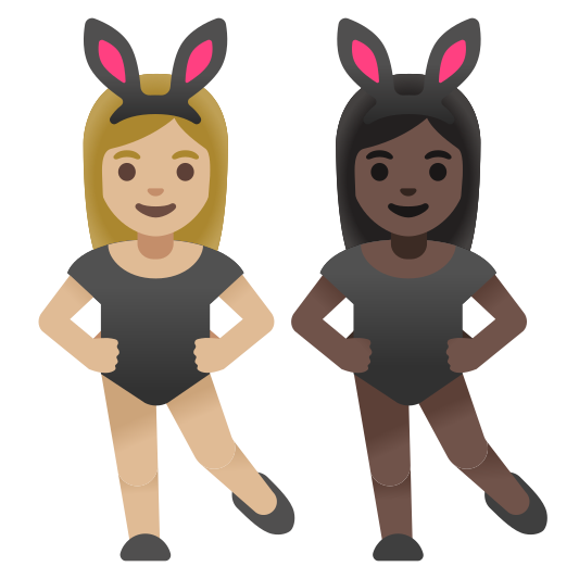 The women with bunny ears: medium-light skin tone, dark skin tone emoji.