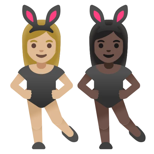 The women with bunny ears: medium-light skin tone, dark skin tone emoji.