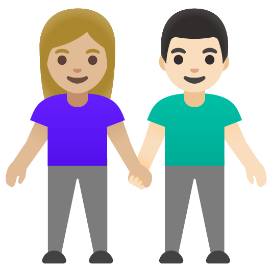 The woman and man holding hands: medium-light skin tone, light skin tone emoji.