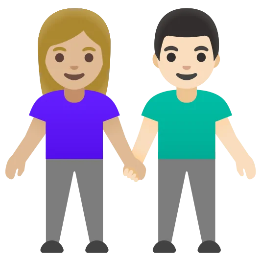 The woman and man holding hands: medium-light skin tone, light skin tone emoji.
