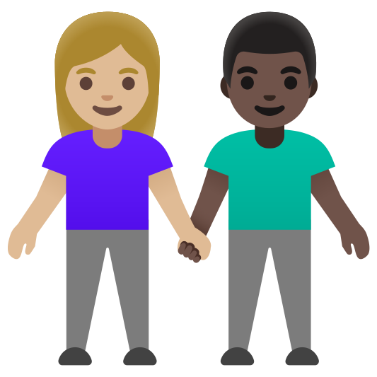 The woman and man holding hands: medium-light skin tone, dark skin tone emoji.