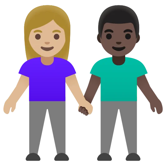 The woman and man holding hands: medium-light skin tone, dark skin tone emoji.