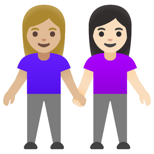 The women holding hands: medium-light skin tone, light skin tone emoji.